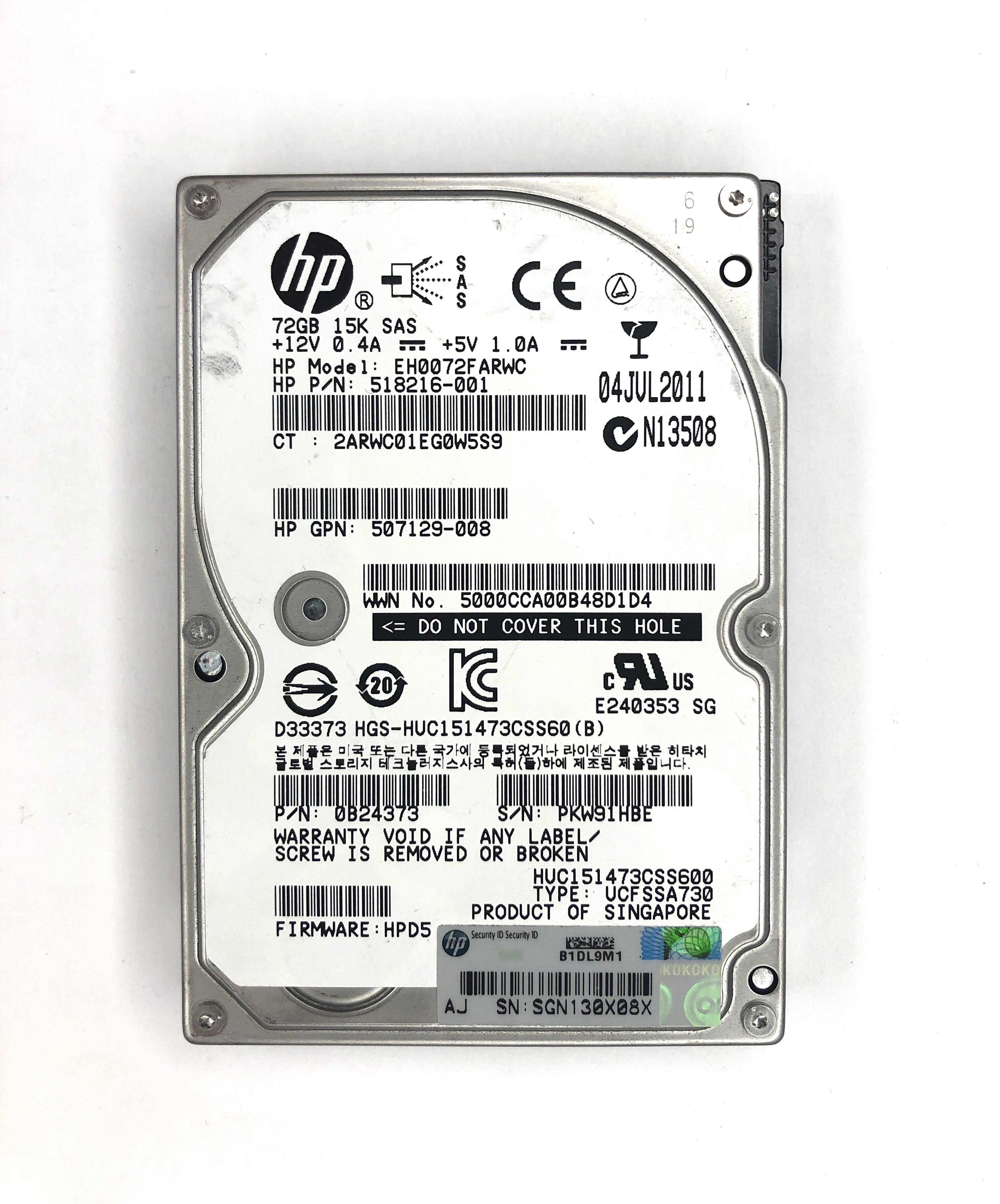 SAS HDD (HP 2.5", 15K, 72 GB, SAS, HP PN: 518216-001, EH0072FARWC, HP, HDD)