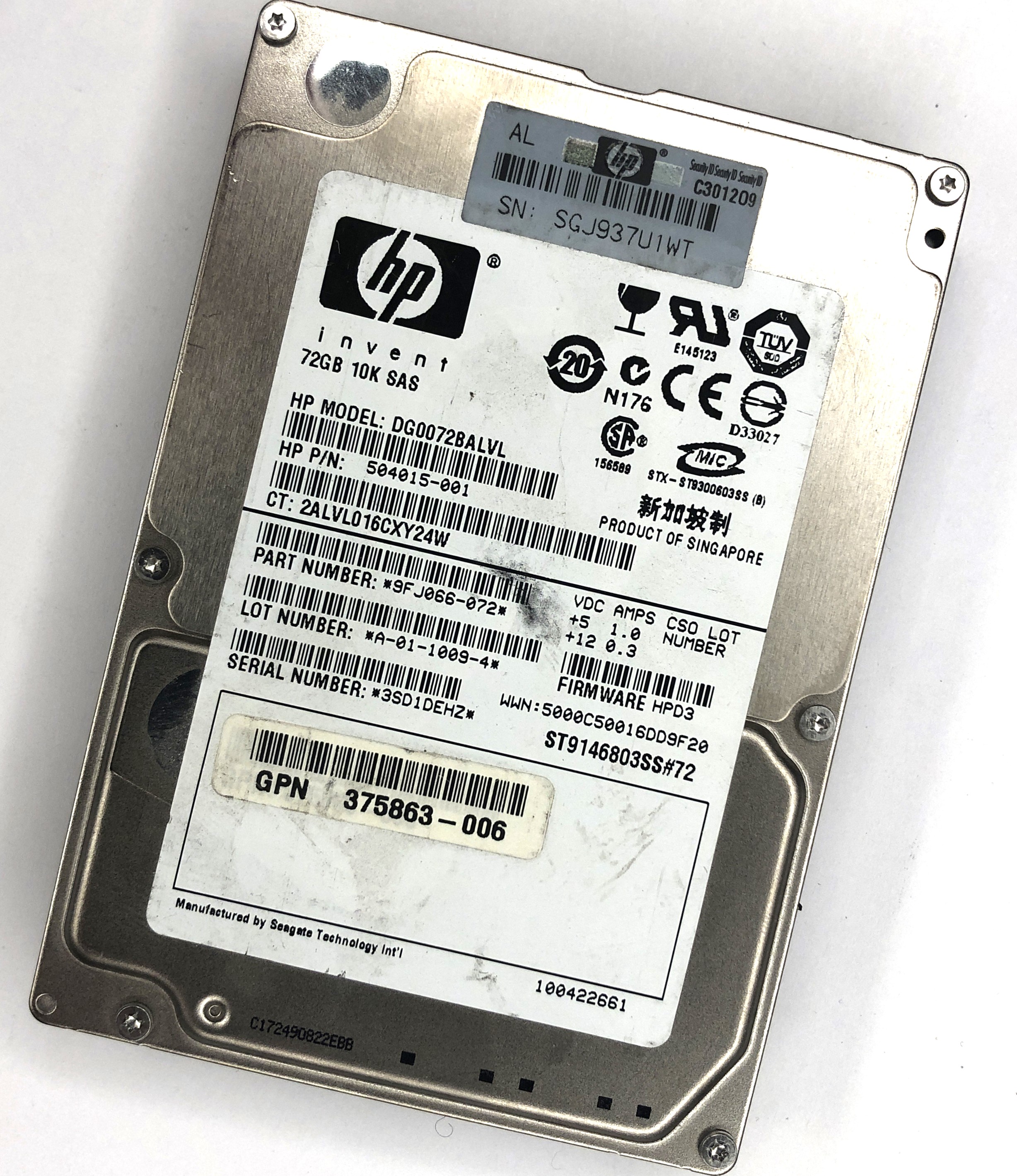 SAS HDD (HP 2.5", 10K, 72 GB, SAS, HP PN: 504015-001, DG0072BALVL, HP, HDD)